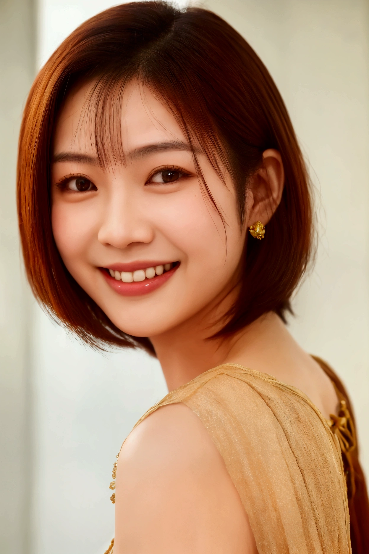 Thai woman, round, clear eyes, short shoulder-length hair, honey-colored skin, approximately 1, smiling, with dimples 