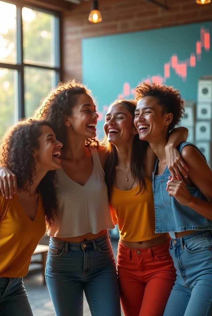 A group of young people celebrating together, with ascending charts and money in the background.