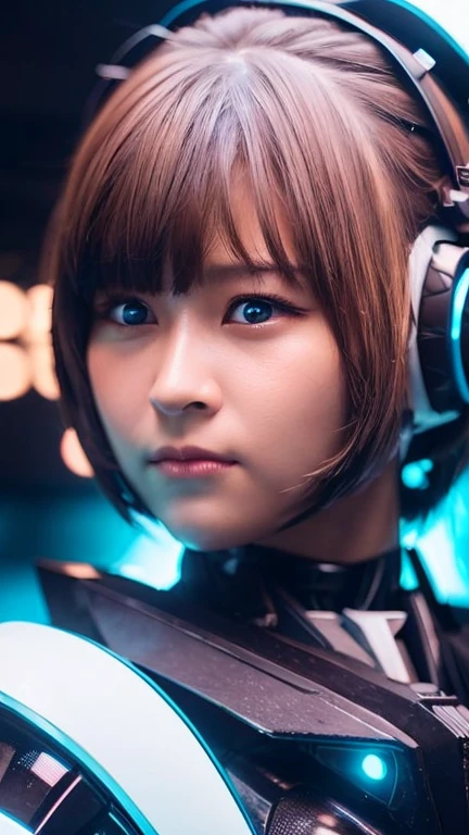 Wide-angle shot, 1 female, Mecha, Glowing black eyes, Very cute face, (Realistic:1.37), バイオMechaニカル, Spaceship interior bokeh background, Ultra-realistic, Very detailed, Very intricate details, Beautiful woman in focus、