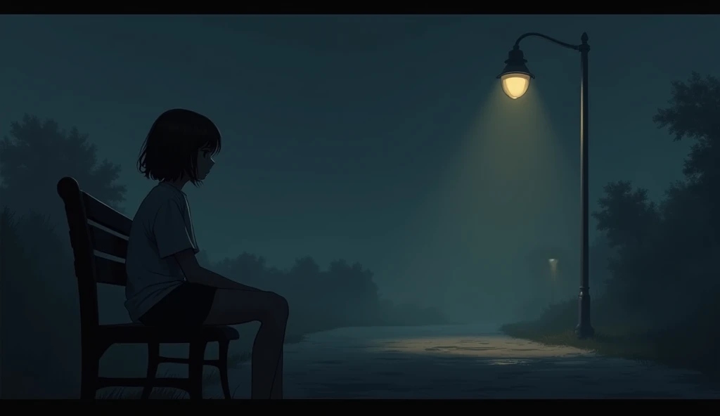A girl sitting on a bench, under the dim, flickering light of a lamppost on a deserted road. His face barely visible, with the shadow of a melancholic smile.
