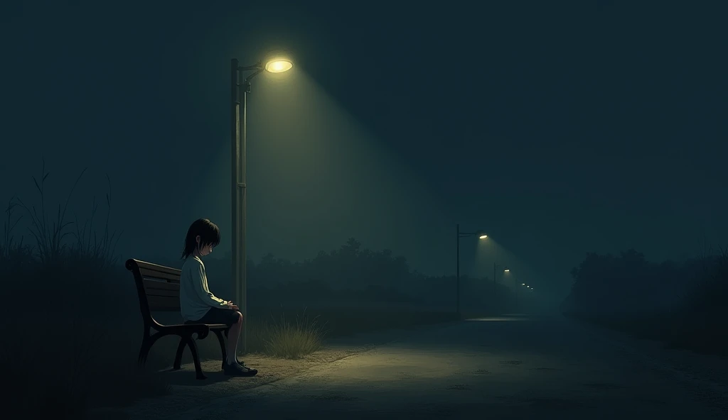 A girl sitting on a bench, under the dim, flickering light of a lamppost on a deserted road. His face barely visible, with the shadow of a melancholic smile.