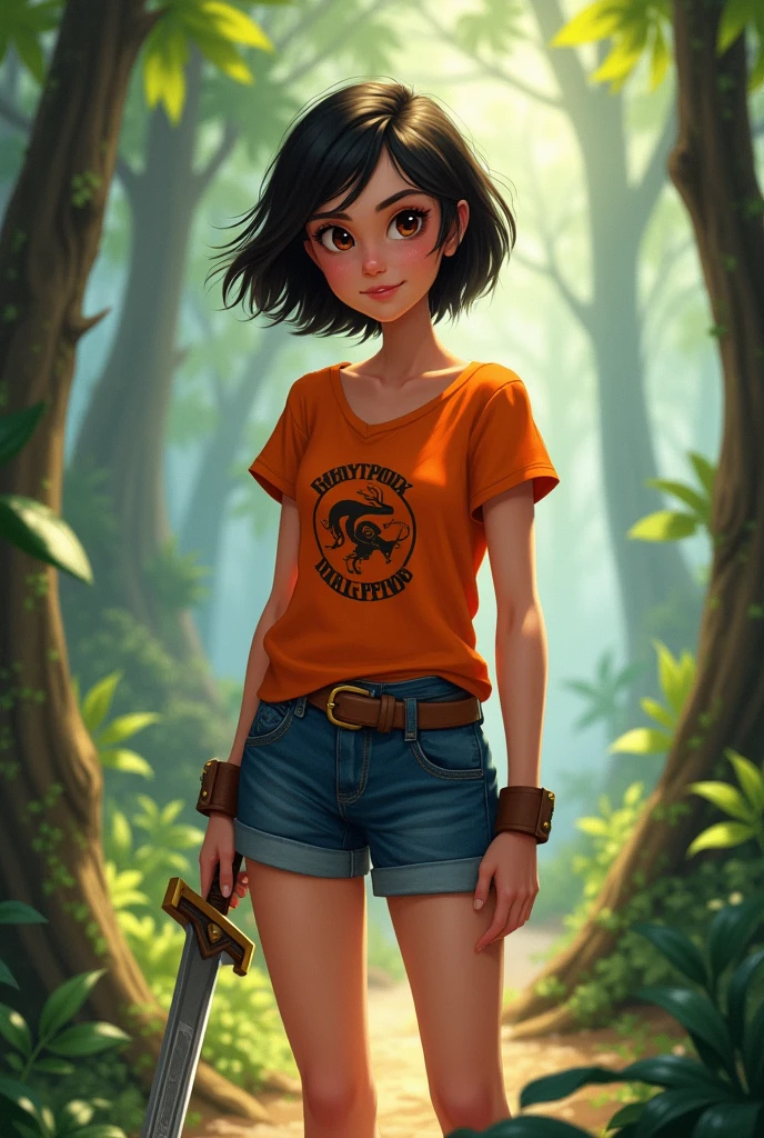 A girl with short black hair , brown eyes, long legs in Percy Jackson world camp half blood wearing a orange camp half blood T-shirt , blue short jeans with a smile and a sword in her hand.