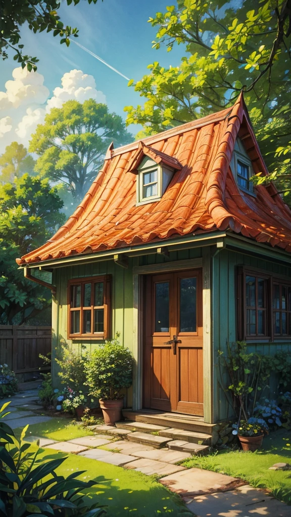 Digital illustration of a charming, small house with a rustic style. The house features a yellow exterior with a red-tiled roof and a green door. In front of the house, there is a large tree with abundant green foliage and orange fruits. The scene is set under a bright blue sky with fluffy white clouds. The foreground includes a stone pathway leading to the door, surrounded by lush greenery and plants. The image is framed by branches and leaves from trees at the top, adding depth to the composition. The overall atmosphere is vibrant and serene, evoking a sense of peaceful countryside living.