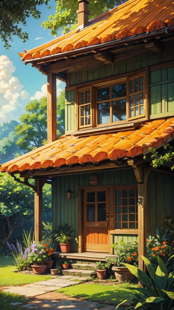 Digital illustration of a charming, small house with a rustic style. The house features a yellow exterior with a red-tiled roof and a green door. In front of the house, there is a large tree with abundant green foliage and orange fruits. The scene is set under a bright blue sky with fluffy white clouds. The foreground includes a stone pathway leading to the door, surrounded by lush greenery and plants. The image is framed by branches and leaves from trees at the top, adding depth to the composition. The overall atmosphere is vibrant and serene, evoking a sense of peaceful countryside living.