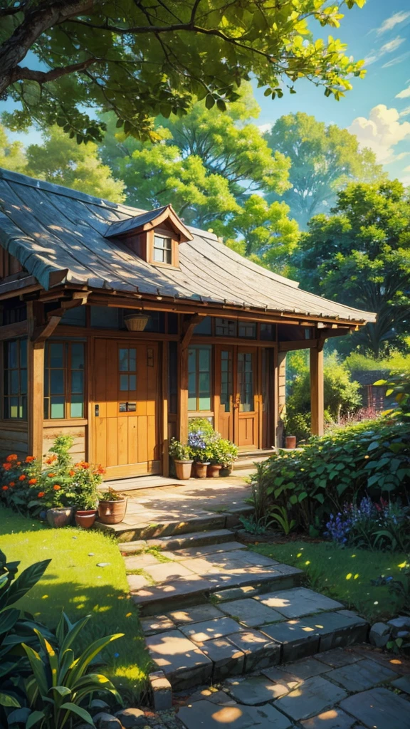 Digital illustration of a charming, small house with a rustic style. The house features a yellow exterior with a red-tiled roof and a green door. In front of the house, there is a large tree with abundant green foliage and orange fruits. The scene is set under a bright blue sky with fluffy white clouds. The foreground includes a stone pathway leading to the door, surrounded by lush greenery and plants. The image is framed by branches and leaves from trees at the top, adding depth to the composition. The overall atmosphere is vibrant and serene, evoking a sense of peaceful countryside living.