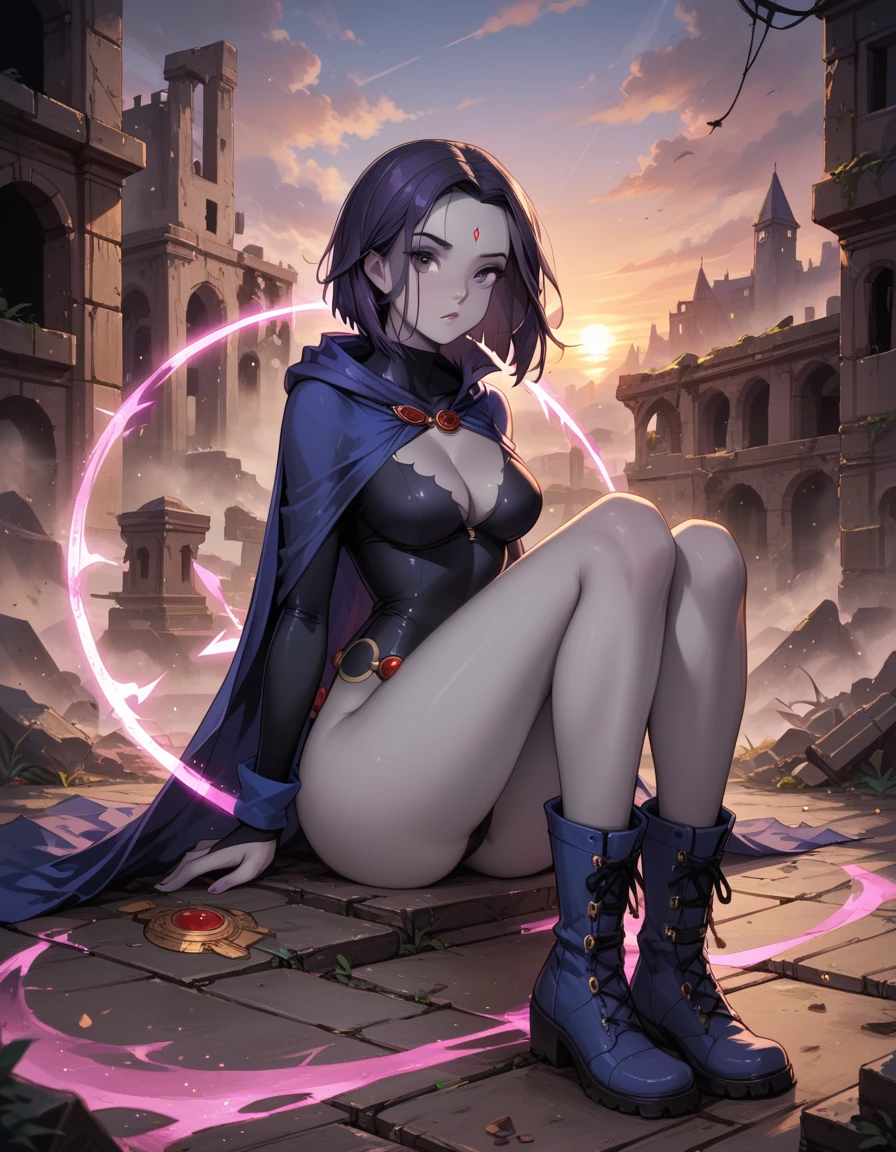 score_9, score_8_up, score_7_up, score_6_up, BREAK 1girl, (Raven, grey skin, bare legs, cape, boots:1.4), sexy woman, cleavage, BREAK (casting a spell, pink energy, rune symbols:1.3), (sitting down, legs open wide, feet together:1.5), eyes closed, BREAK (building ruins:1.1), (sunset:1.2), shallow depth of field, highly detailed, bokeh, moody, epic, gorgeous, grainy, BREAK (ultra-detailed), (best illustration), (best shadow), (absurdres), (detailed background), (very aesthetic).