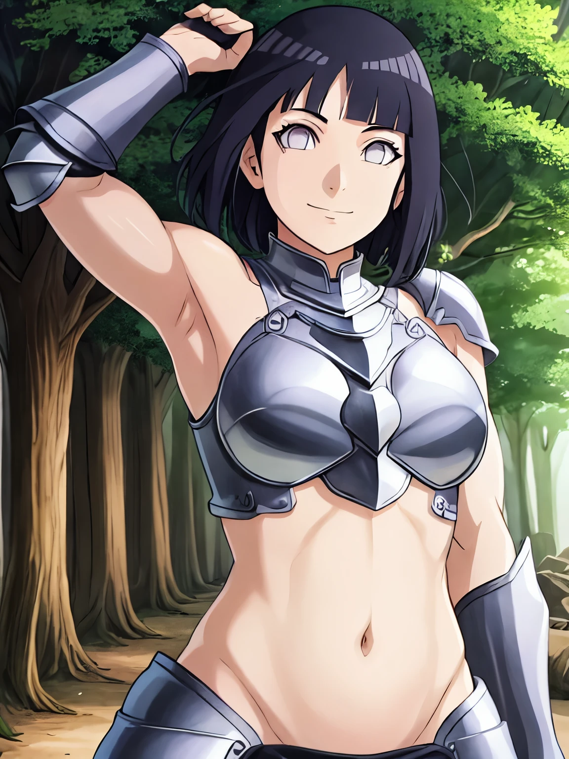 (hinata\(boruto\), (high quality:1.8), upper body:1.5, (curvy body:1.5), (ultra detailed body:1.4), (forest:1.7), (anime, tall woman, cowboy shot, ((arm curves:1.0), (defined biceps arms:1.0), (dark hair:1.8), (silver armor:1.8), ((bare arms, bare arms, bare shoulders)), (curved belly:1.2), (wide shoulders, off-shoulders), smile), (big breasts:1.1) ,(cleavage:0.8), closed mouth), ((pale skin)). ((dark blue:1.3, short hair, hime cut، loose hair), (windy:1.2)