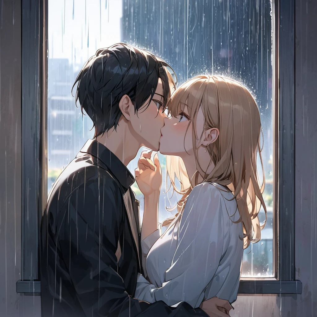 Two kissing, both of their head s peeping outside the window & raining