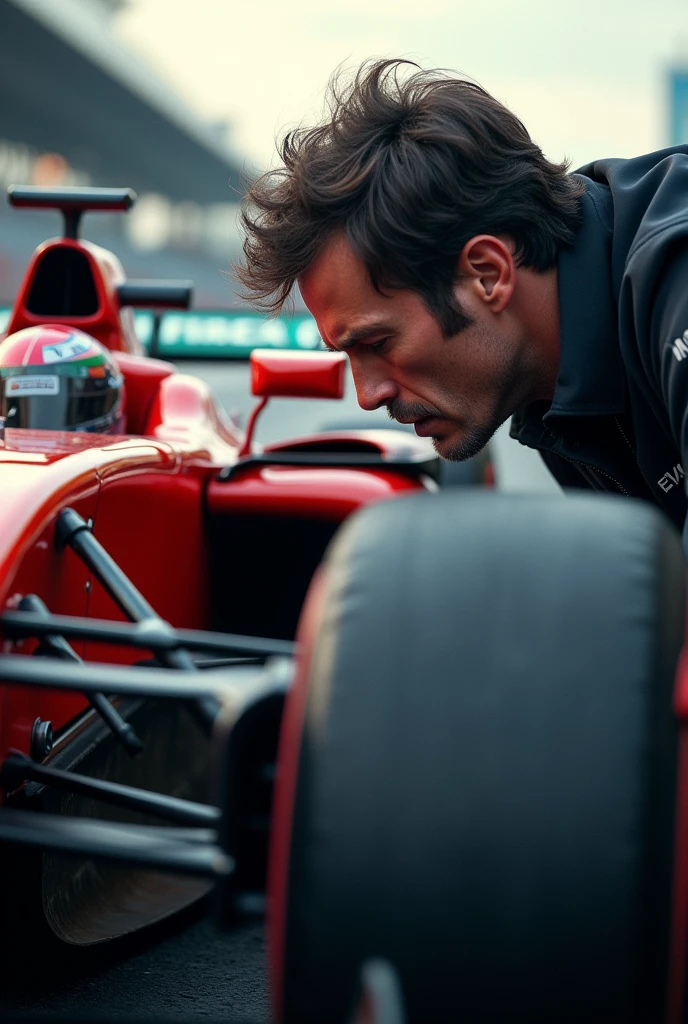 A man smelling combusted air from an F1 car side view