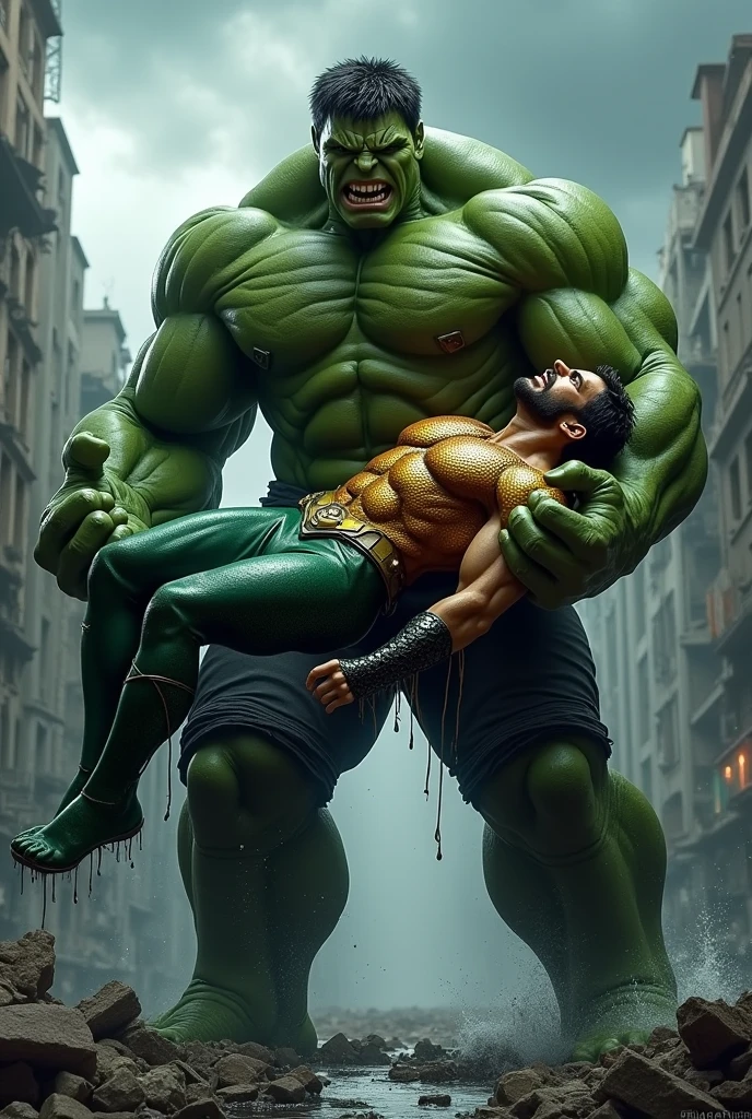 Marvels Hulk holding up a dead Aquaman after defeating him