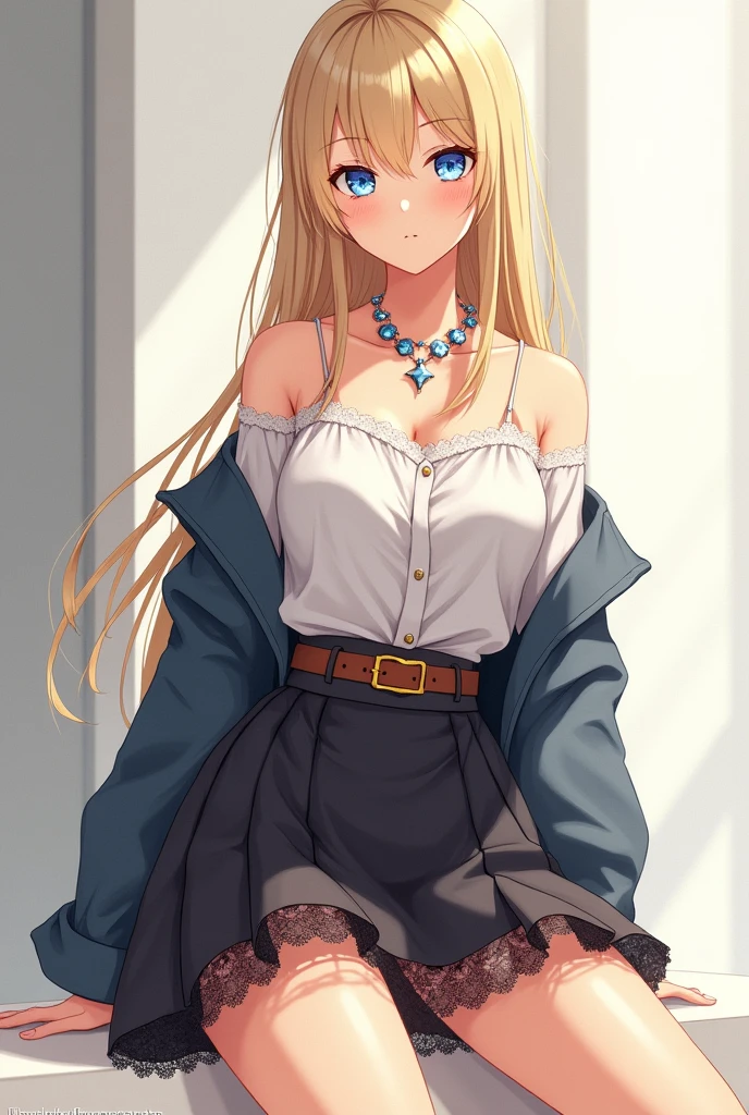 masterpiece++, best quality++, beautiful+, anime style,1person,full body image, lacey skirt, leather belt, off shoulder dress shirt, beautiful straight blonde hair, beautiful blue eyes++,long straight hair, necklace, modern