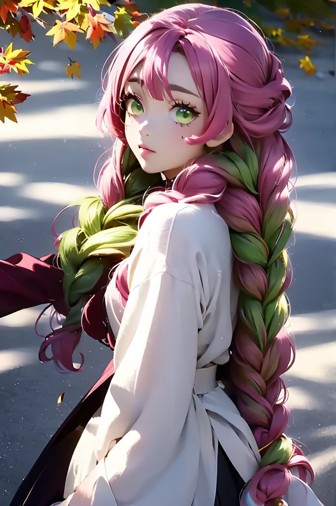 a woman with pink hair posing next to trees dressed in a red sweater, 1girl, solo, kanroji mitsuri, multicolored hair, green eyes, mole, pink hair, braid, green hair, sweater, long hair, gradient hair, mole under eye, looking at viewer, twin braids, breasts, parted lips, off shoulder, lips, sleeveless, autumn leaves, bare shoulders, autumn,mitsuri(demon slayer)