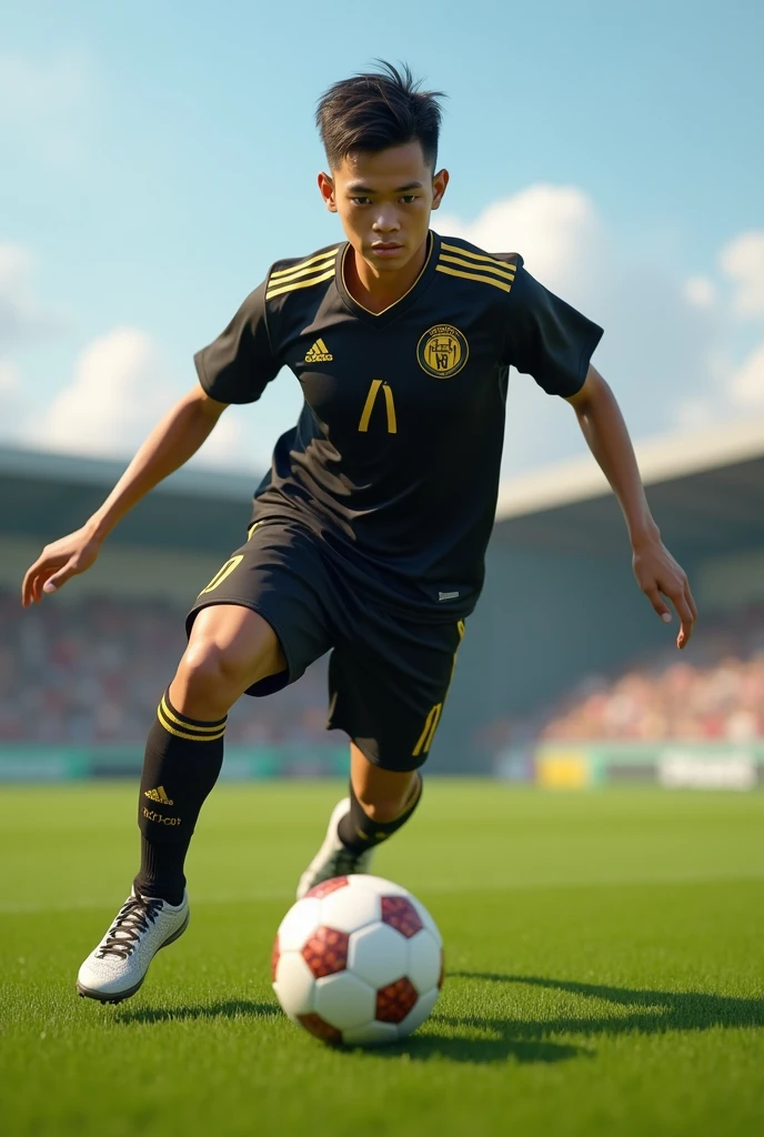 (photorealism) 18 year old Indonesian male ,haircut (short slicked back),Thin and short body (short) ,Playing soccer ,wearing a black jersey with a gold combination, on the ball field