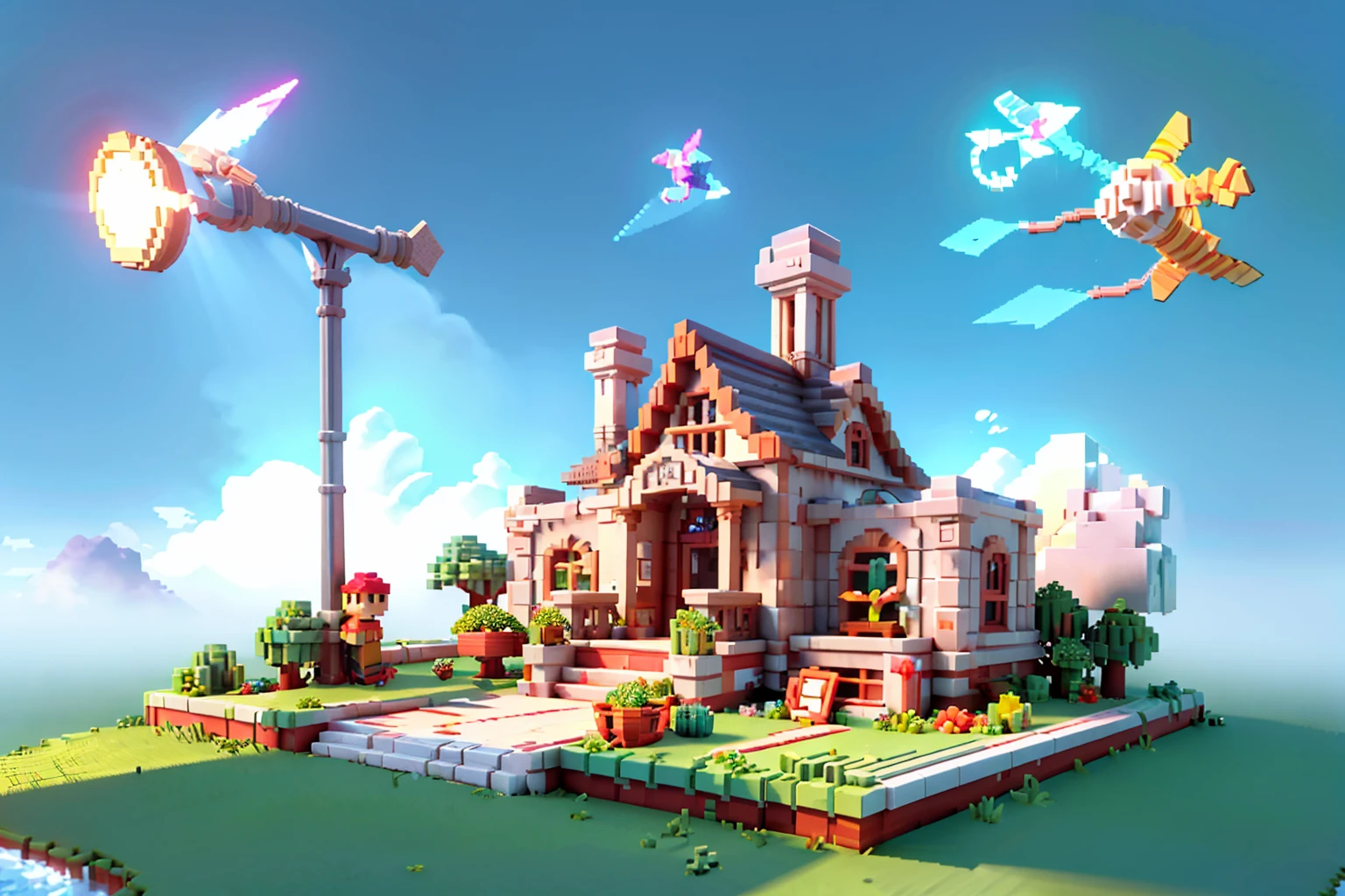 masterpiece,best quality,(ray tracing,cinematic lighting), , (concept art background \(Voxel\):1.6), (vbcb:1.6), 3d pixel art, (vpa:1.3), (minecraft:1.3),Voxel,scenery, tree, ruins, building, outdoors, sky, standing, solo, long hair, 1girl, sunlight, cloud, light rays, holding, fog, skyscraper, day, bridge, weapon, 1other, cloudy sky, from behind, ambiguous gender, wide shot, city
