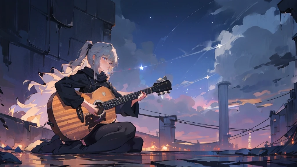 masterpiece,night,(dark alley),star、Night evening Sky、milky way、octone、
(1. Female), (solo), Knee hugging sitting，acousticguitar