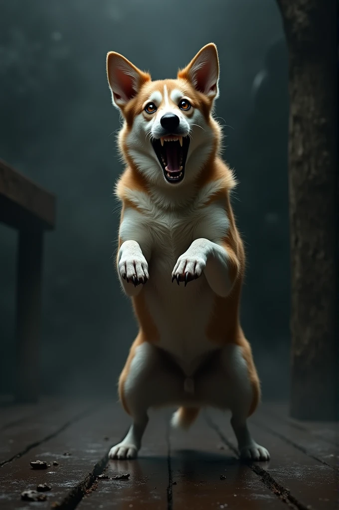 Terrified dog standing on two legs
