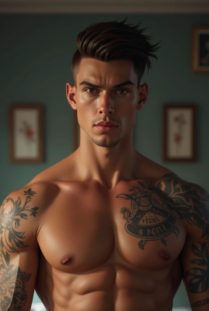 a young man AI high quality muscular tattoo with name “ruy” light skin tanned piercing gaze pink mouth with realistic animated bedroom background