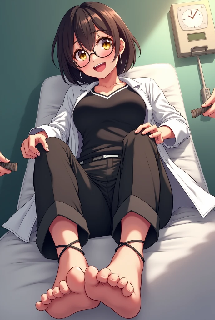 create the image of a 28 year old anime style character with short dark brown hair to the shoulder, round prescription glasses, skin fair, yellow seductive eyes, black jersey, lab coat and tailored pants, earrings and the body reasonably "big fit ass", she is lying on a stretcher without shoes with her beautiful feet tied in front and her hands tied to her sides, and she is laughing while 2 brushes tickle the soles of her feet that have 5 toes