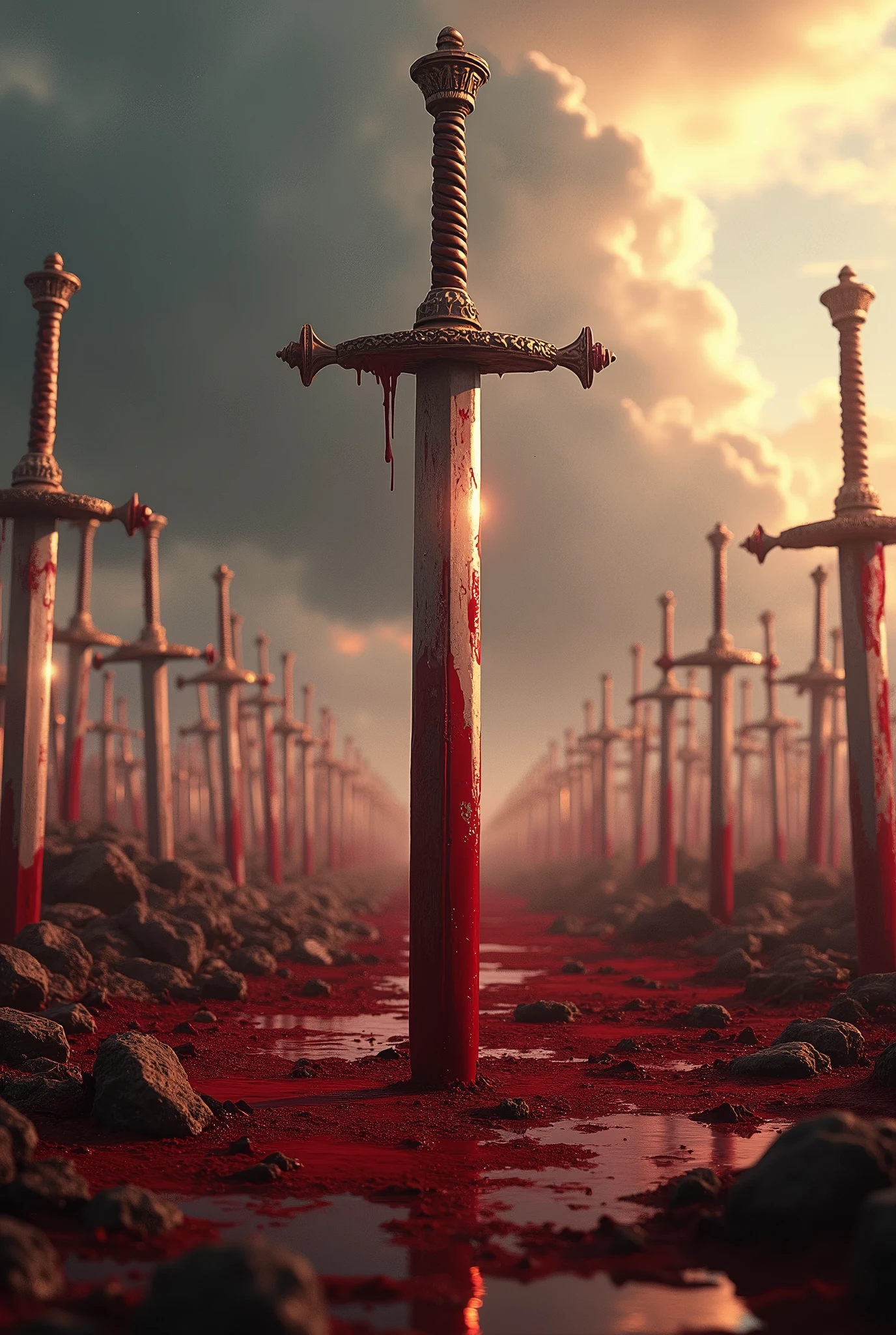 best quality，masterpiece，Ultra-high resolution,(Reality:1.4),RAW photos，War，There is blood all around，A battlefield with broken swords stuck in the ground，Style similar to Attack on Titan，Don&#39;t add characters
