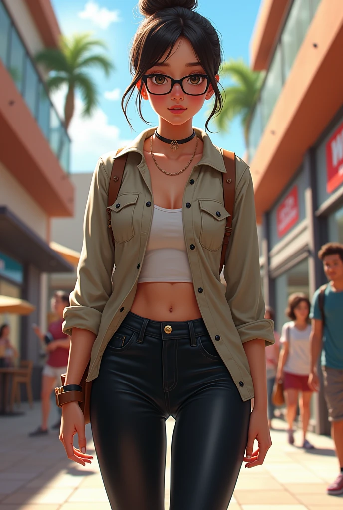 school girl wearing black leggings showing butt off with hair up in a bun and nerd glasses at great mall milpitas