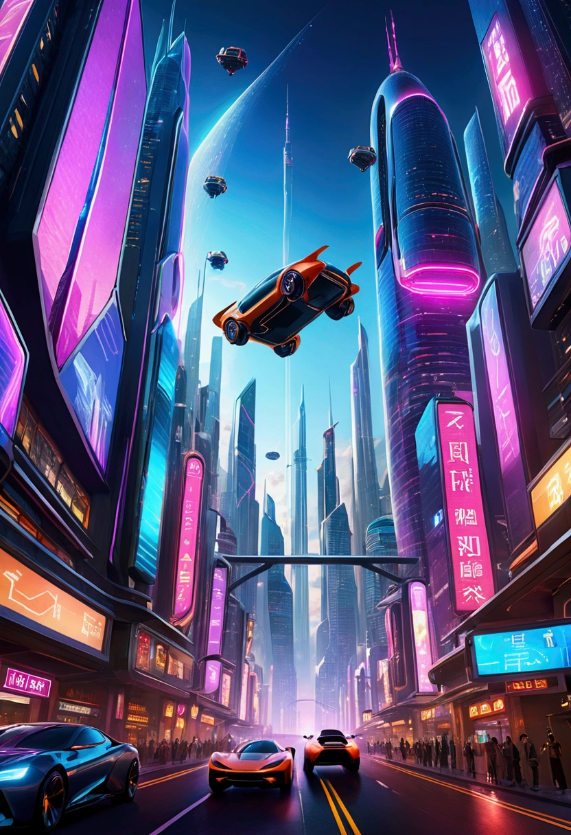 ‘A breathtaking city of the future with towering skyscrapers made of glass and steel, flying cars zooming through the sky, and neon lights illuminating the streets below’