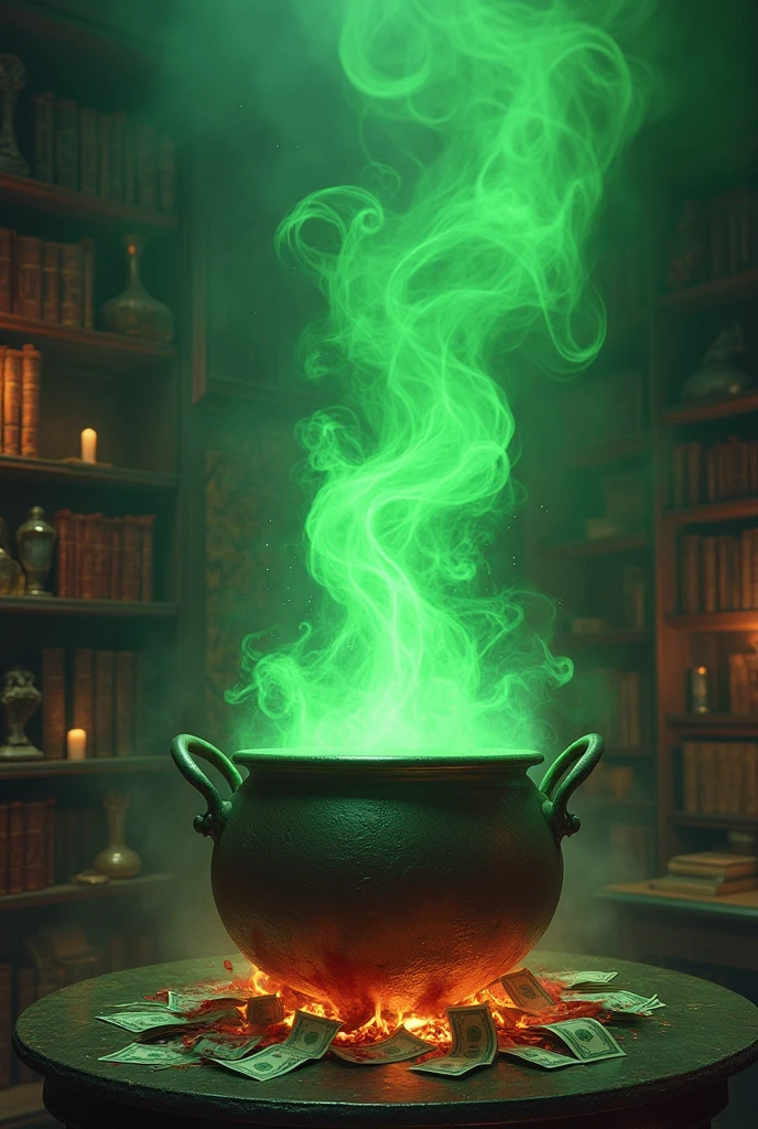 Imagine an aged metal cauldron, placed on a crackling fire in a sorcerer's apprentice laboratory. The cauldron is overflowing with blood-stained bills, which cascade around him. Thick green smoke rises from the cauldron forming the letters: The recipe for a million. The whole thing is bathed in a subdued and mysterious light., adding a touch of adventure and darkness to the scene.