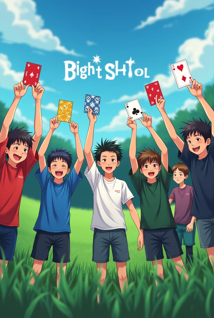boys of class Ten Raise Their hands with a play card in field That Written 'Bright School'