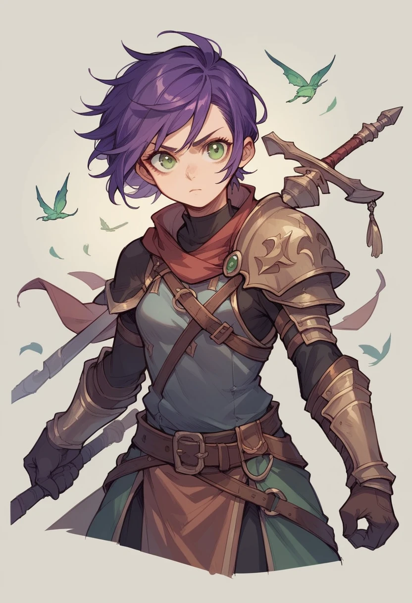 Young woman, dark purple hair, bright green eyes, fantasy clothing, warrior