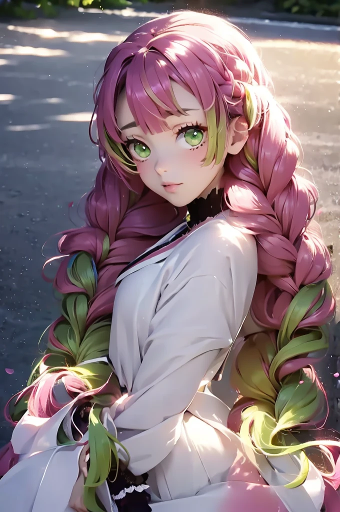 a woman with pink hair posing next to trees dressed in a red sweater, 1girl, solo, kanroji mitsuri, multicolored hair, green eyes, mole, pink hair, braid, green hair, sweater, long hair, gradient hair, mole under eye, looking at viewer, twin braids, breasts, parted lips, off shoulder, lips, sleeveless, autumn leaves, bare shoulders, autumn,mitsuri(demon slayer)