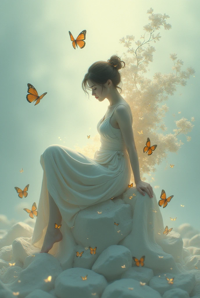 a one woman, SIDE SIT, disintegrating with butterflies 