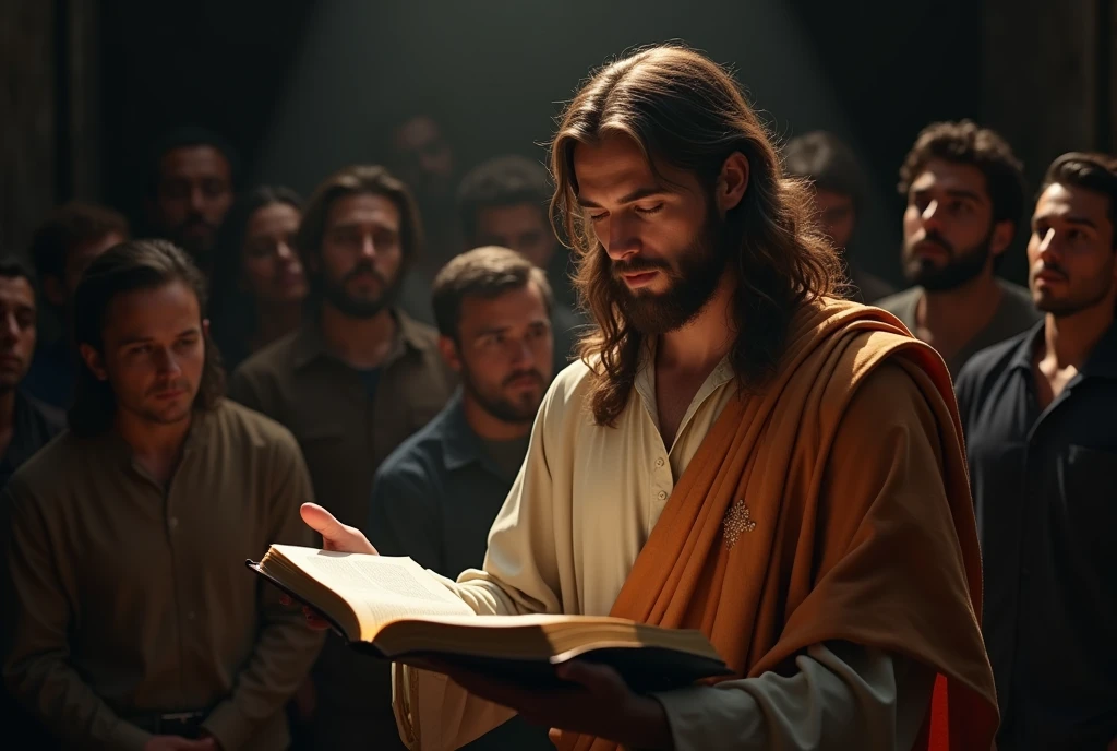 Create an image that shows Jesus with an open Bible preaching to many people, symbolizing the search for truth. A Man is Reflecting on the Side of the Bible, Demonstrating Introspection about the Faith. best quality, master part, High, 1 dragon,blush, Tyndall effect,Photorealistic, dark studio, rim lighting, two-tone lighting,(highly detailed skin:1.2), 8k hd, DSLR, soft lighting, high quality, volumetric lighting, candid, photography, High resolution, 4K, Bokeh
