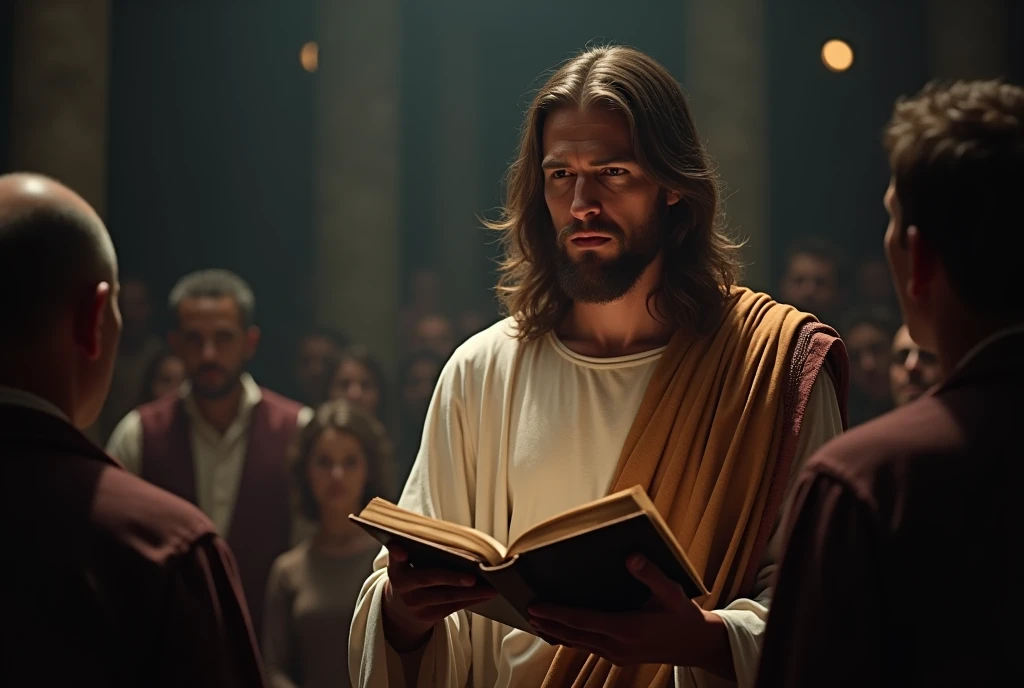 Create an image that shows Jesus with an open Bible preaching to many people, symbolizing the search for truth. A Man is Reflecting on the Side of the Bible, Demonstrating Introspection about the Faith. best quality, master part, High, 1 dragon,blush, Tyndall effect,Photorealistic, dark studio, rim lighting, two-tone lighting,(highly detailed skin:1.2), 8k hd, DSLR, soft lighting, high quality, volumetric lighting, candid, photography, High resolution, 4K, Bokeh
