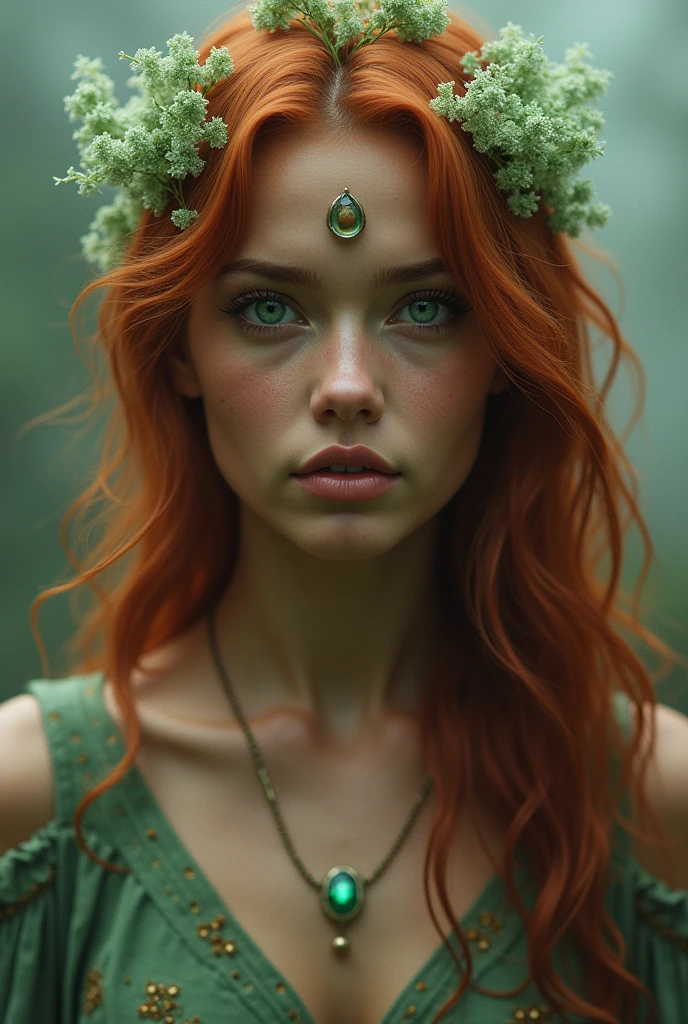 A woman who appears to be a wise mystic and who is young with green eyes and reddish hair and Mexican features