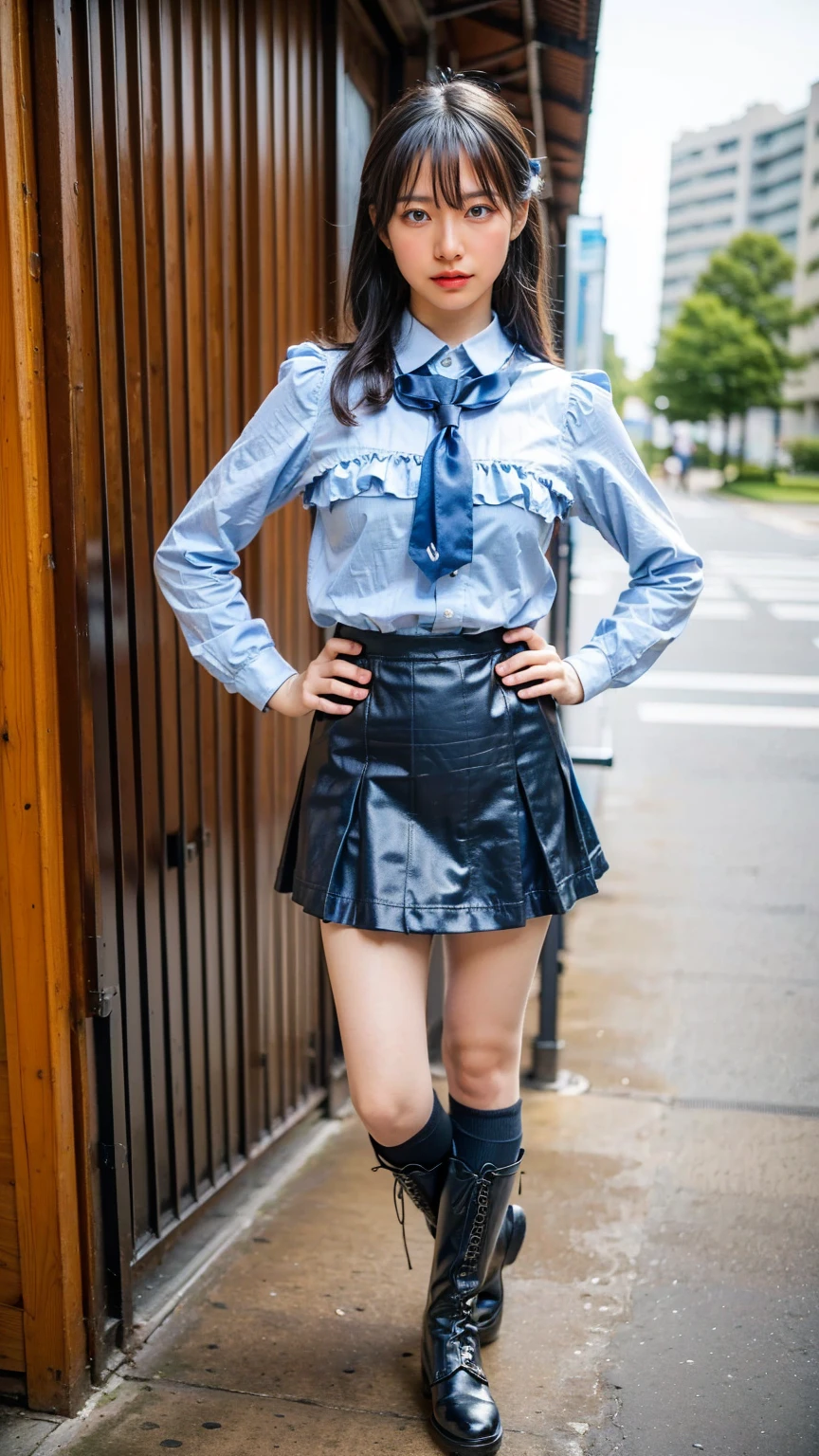 (8k、RAW Photos、Highest quality、masterpiece:1.2)、(Realistic、Realistic)、1 person、((View from the front、Black and light blue、Looking into the camera、check、boots、mini skirt、High school uniform、、Standing with one hand on hip、Frills、))、cute