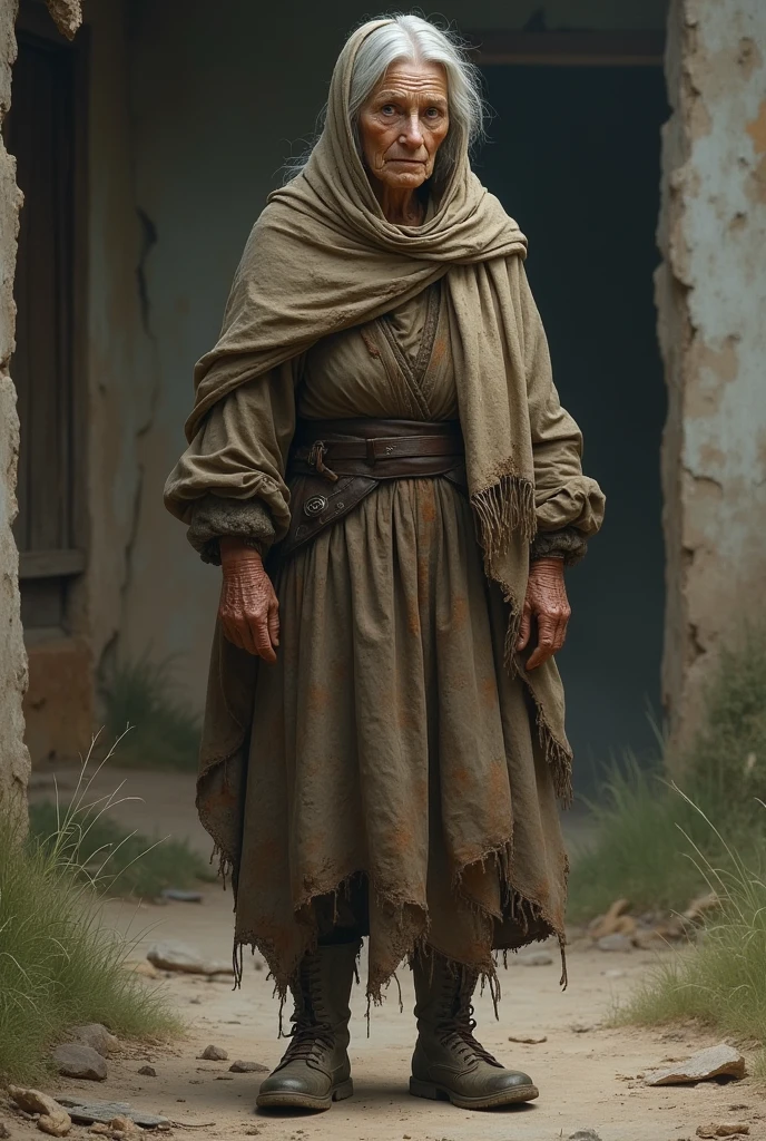 Woman in worn old clothes