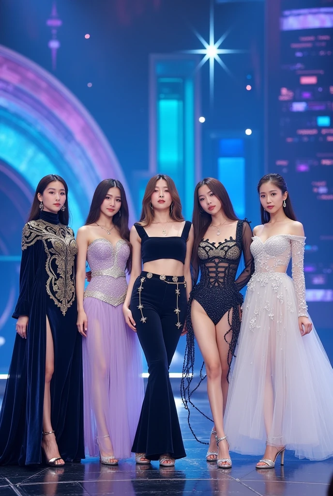 A k-pop girl group "Starlight" performing at Inkigayo
- **Jisoo**: Elegant, midnight blue velvet dress with intricate embroidery and a flowing cape.
- **Nari**: Chic black and gold ensemble with a fitted crop top and flared pants.
- **Soojin**: Star-studded long-sleeve bodysuit with a sheer overlay and glittering details.
- **Mina**: Soft lavender tulle skirt with a sparkling, fitted top and matching ballet flats.
- **Yuna**: White and silver sequined dress with a high-low hemline and strappy heels.