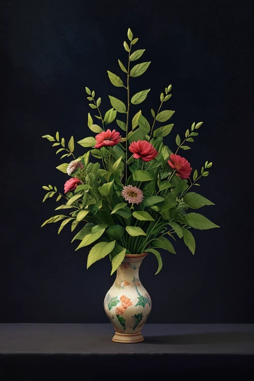 black backdrop, bunch of various flowers, arte de Dean Crouser, Carrie McKenzie, desfocadas e com efeito watercolor nas bordas, I followed the original detailed image color guide, blurred in the center, defined in the boras, watercolor. center blur, few splashes on the edges, paint running, watercolor nas bordas, no watermark, green branches set, branches of flowers in the borders
