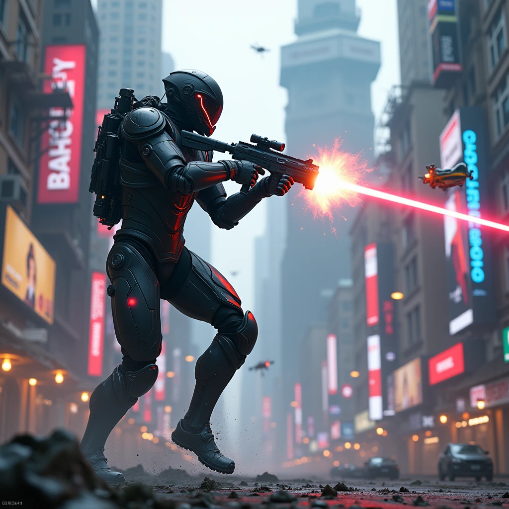 A futuristic soldier in a high-tech suit, engaged in a firefight with laser weapons in a dystopian city.