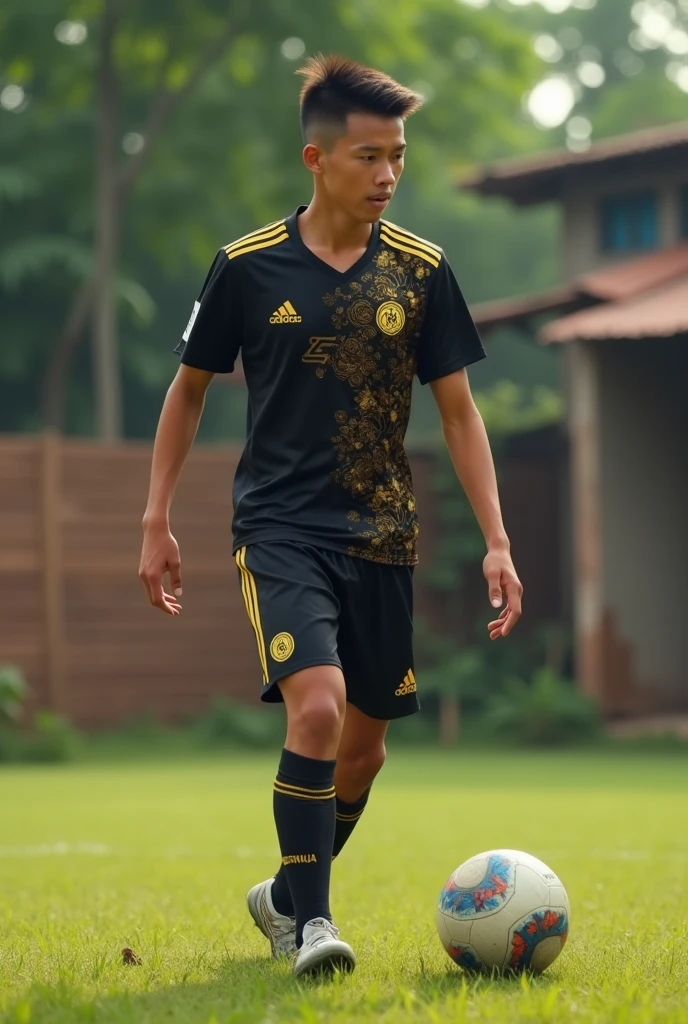 (photorealism) 18 year old Indonesian male ,haircut (short slicked back),Thin and short body (short) ,Playing soccer ,wearing a black jersey with a gold combination, on the village football field