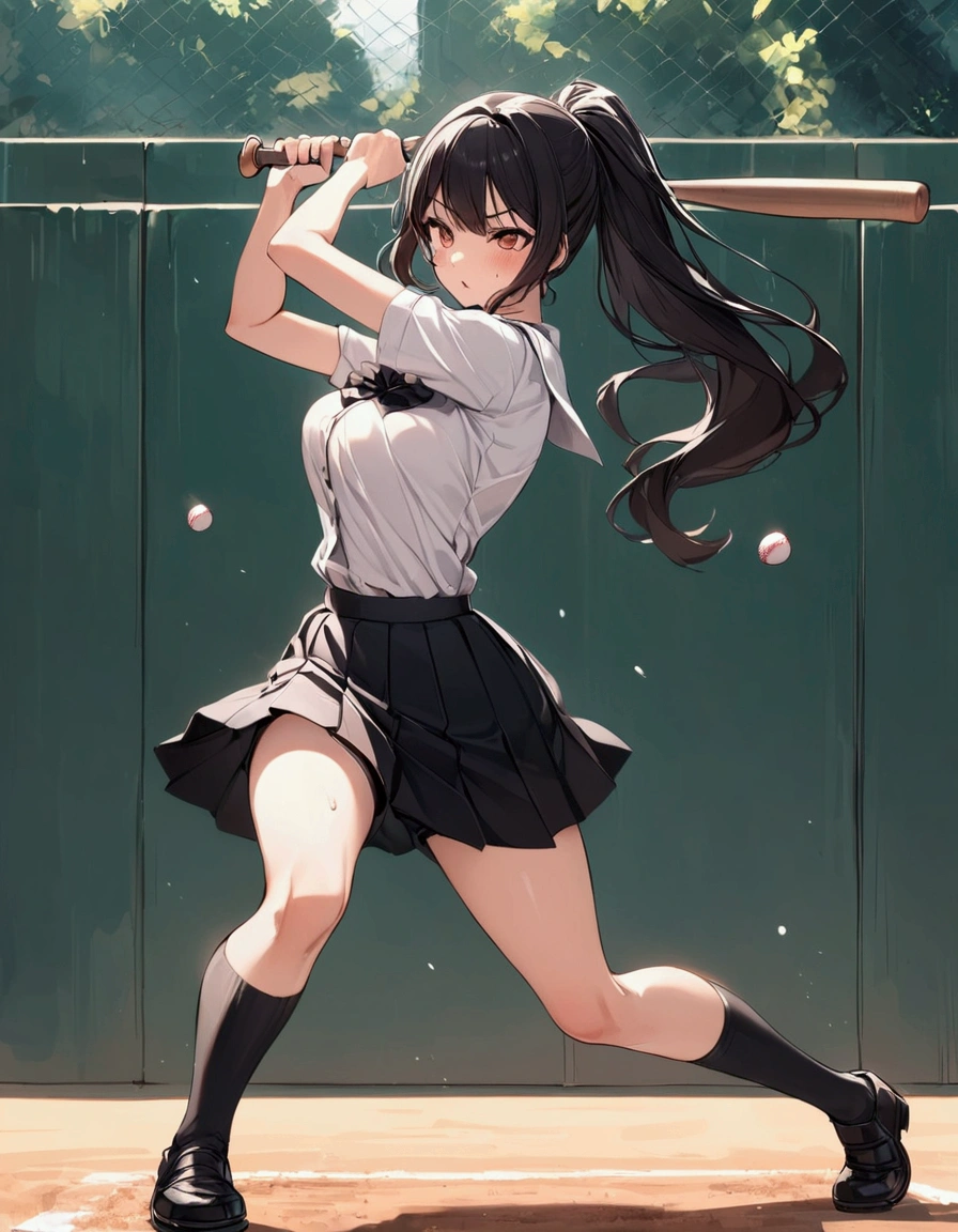 from side, batting stance,{{Baseball bat-swing:1.8}}．Animated image of a player swinging a baseball bat at a ball,{{action}},{{Baseball bat-swing, skirt flips up, glimpse of black shorts:1.8}},striking out swinging,Black shorts in skirt,Cartoonish ,Line of effect,JK,1girl, solo, athlete body,{{swing a baseball bat:1.8}},Baseball bat,swing,twist,Rotation and twisting of the body,{{masterpiece}}, {{{Highest quality}}},{{Very detailed}}, dutch angle,Dynamic composition, A high school girl is swinging and missing at a batting cage,school uniform,mini skirt,Short sleeve blouse　clavicle　Knee-high socks　 Speed Line　Motion Lines　,Batting Center,Bat,Sweat,Bad mood, be flustered,frustrating,{{v-shaped eyebrows}},Bad mood,blush,Sweat,raise one's eyebrows　,Black Hair,batting glove,Indoor batting center,sidelong glance,Black Skirt,Long Hair,ponytail,Black shorts,Above the baseball batter's box,No one in the background ,Green wall background,motion blur