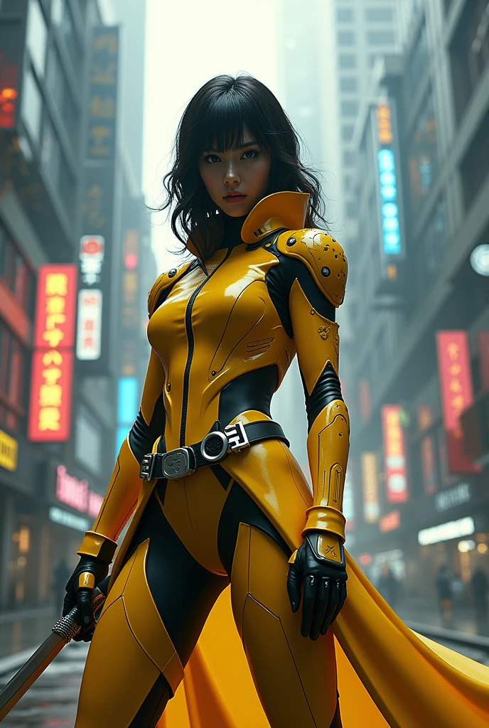 ladybug , kamen rider , cyberpunk , women , sword  , yellow suite 