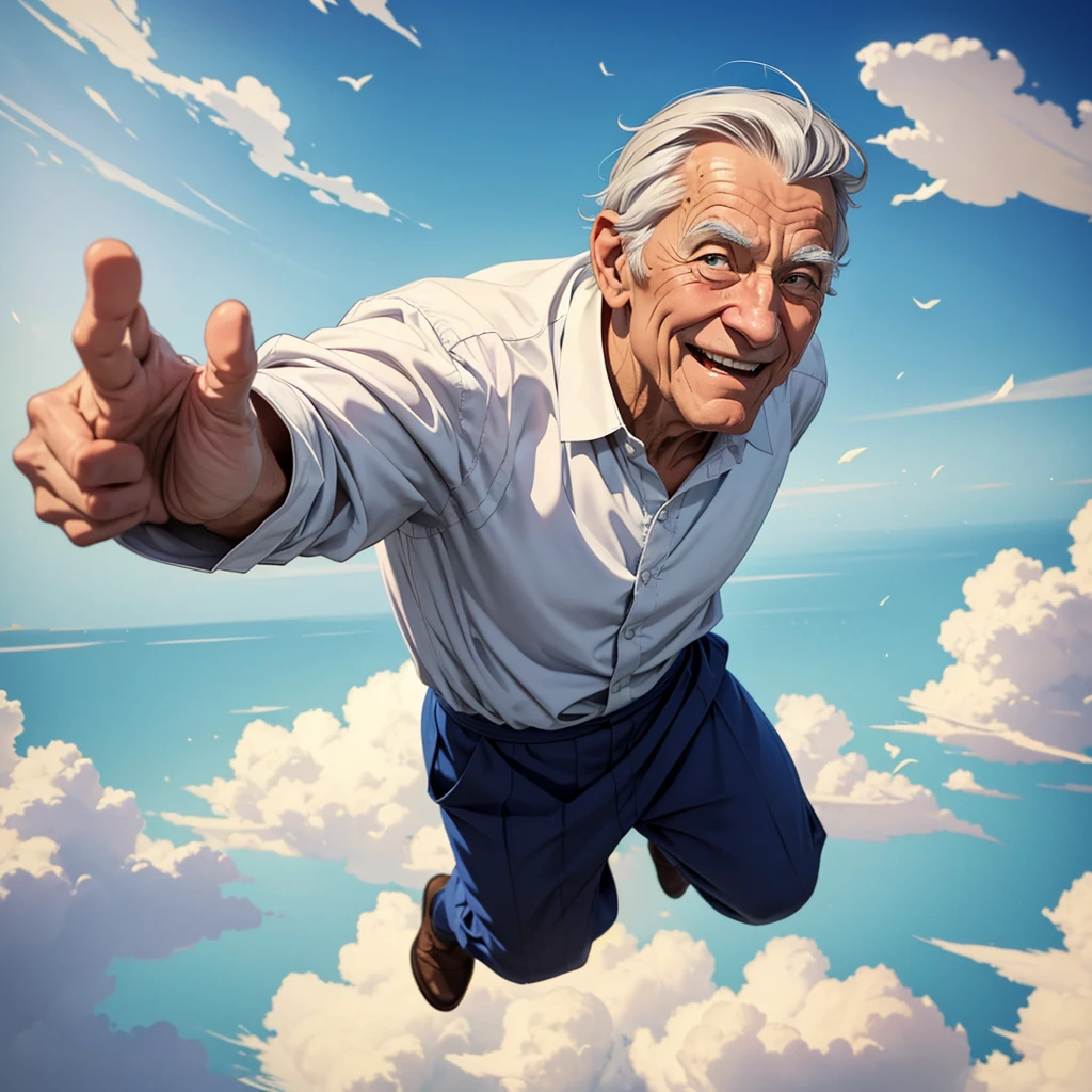 Create a full-body avatar of an elderly man with a joyful expression, appearing as if he is flying gracefully. He has a full head of neatly groomed gray hair, with a few strands slightly out of place, adding to his charm. His bright, intelligent eyes twinkle with wisdom and kindness. His face is lined with age, showing the marks of a life well-lived, but his smile radiates happiness and contentment. He is wearing simple, flowing clothing that billows slightly in the air, enhancing the sense of movement as he soars. The background should be a soft, dreamy sky with gentle clouds, emphasizing his serene and uplifting presence.