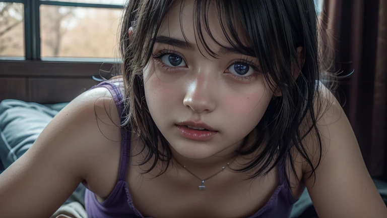 realistic beautiful detailed eyes, beautiful detailed lips, extremely detailed eyes and face, long eyelashes, 1 girl, violet tight tank top, short hair, sitting on the floor, necklace around her neck, 19 year old girl, 24 year old female model, purple top, looking straight ahead, eating french fries at McDonald's, (best quality,4k,8k,highres,masterpiece:1.2),ultra-detailed,(realistic,photorealistic,photo-realistic:1.37),studio lighting,vivid colors,canon eos r6,sakimichan,morita yukii,harumi,landscape