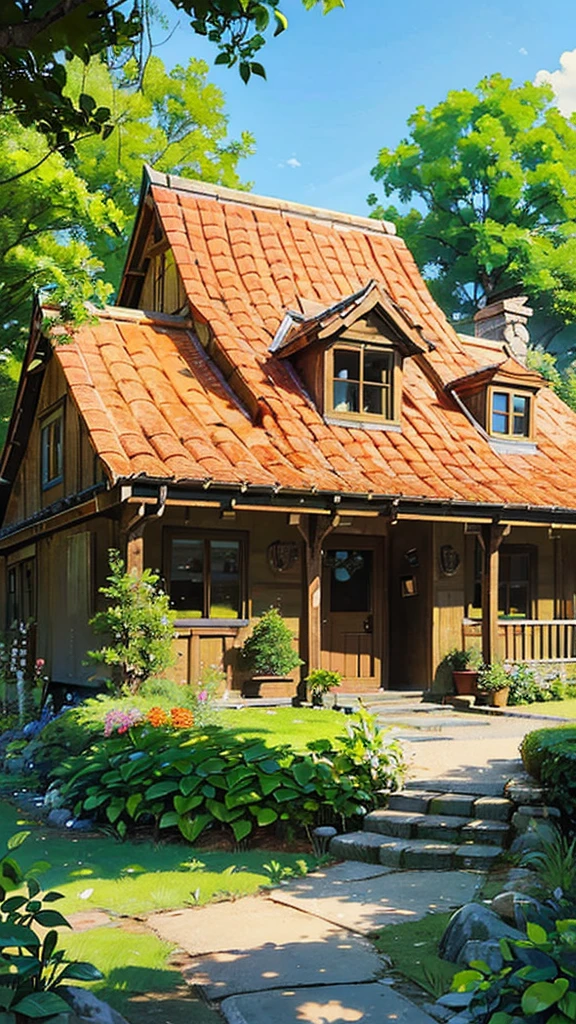 Digital illustration of a charming, small house with a rustic style. The house features a yellow exterior with a red-tiled roof and a green door. In front of the house, there is a large tree with abundant green foliage and orange fruits. The scene is set under a bright blue sky with fluffy white clouds. The foreground includes a stone pathway leading to the door, surrounded by lush greenery and plants. The image is framed by branches and leaves from trees at the top, adding depth to the composition. The overall atmosphere is vibrant and serene, evoking a sense of peaceful countryside living.