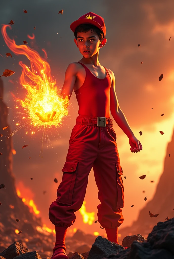 a man real teenage 14 year old Malaysia Indonesia.(orange eyes) Glowing eyes. Anger face. Open mouth. . wearing an (ruby red ) singlet, (ruby red) cap with small logo (flame) logo. anger face . Dramatic. ruby red singlet. stand on lava ,(ruby red)cargo pant,, detailed face, cinematic lighting, dramatic atmosphere,.hot day. vibrant colors, 8k, high quality, photorealistic. Hero suit. fire flame from his hand. Glowing fireblast ember element from hand, ember everywhere . Glowing hand fire , flame patern logo design on pant . Very strong. Future design dress. Very epic. Very hot background.. dark sky. Very strong . fire very strong . Flying burn dry leave everywhere.. fire ball sharp shape power from hand .rasengan . at volcano Damage building. Floating small rock everywhere. kamehaha