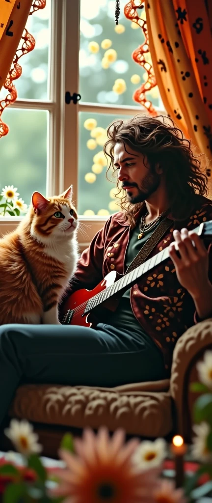 Yngwie Malmsteen, beautifulふわふわの猫, bid, Idyllic, Magical Scene, beautiful部屋 , (Highest quality, 4K, 8k, High resolution, masterpiece:1.2), Super detailed, (Realist, photoRealist, photo-Realist:1.37), Warm lighting, Vibrant colors, Soft Focus, fairy tale, Dreamer, comfortable, Adorable, beautiful, Whimsical, Fancy, Charm, Sereno, peaceful, Innocent, encouragement, Imaginative