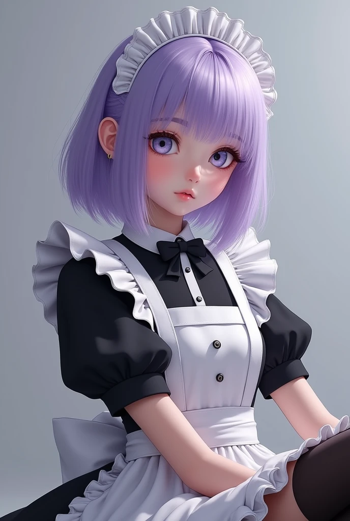 (photorealism:1.2), The girl had shoulder-length lavender hair and eyes. Her skin was a pale white and unnaturally perfect. She was dressed in a black and white maid outfit while a white frilly headdress sat on her head. Thigh-high black socks led down to a pair of shiny black loafer shoes.
