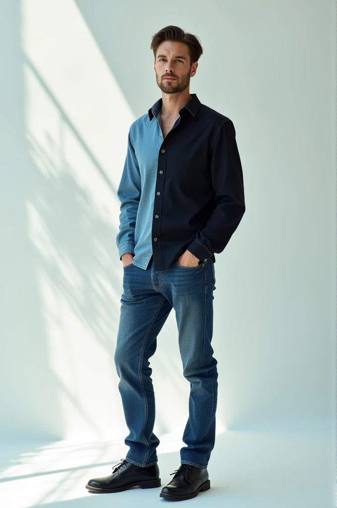 A men wears a blue and black jeans pents standing side by side. With light background