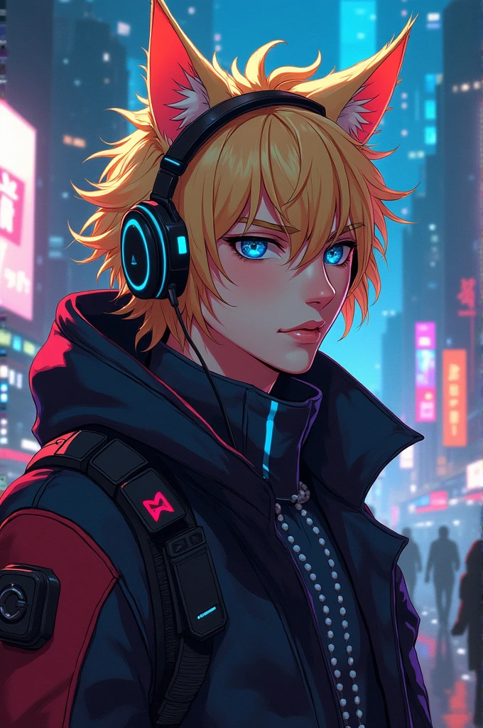 Siberian cat, blonde gamer male, cyberpunk, retro 90s anime