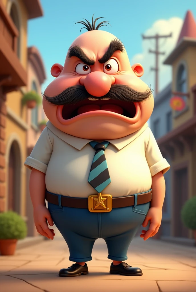 a cartoon guy that is a angry boss, (colorful design:1.4), (Disney style),(pixar style:1.5), bald with a big nose and big mustache,your shirt is white and your pants are blue, he wears a striped tie, has only two hairs, (your nose is pointy and large and goes down from the eyebrow:1.5), (nose references: (Lord Farquaad:1.4),(Sideshow Bob - simpsons),(Nigel Thornberry),(Mr. Crocker:1.3)), their nostrils are hairy and very prominent, her body is small and she has thin legs, your eyebrows are thick and expressive, Your body is shaped like the minions,your little ears are small, its head is elongated and larger than the body, ele usa um cinto e estrela de sheriff, your shoes are well polished